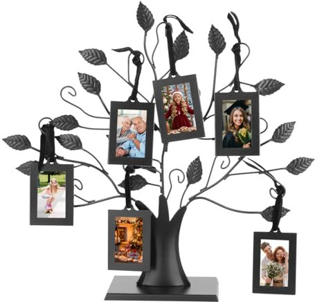 Cornice portafoto per albero genealogico, per foto di famiglia, albero espositivo, foto di famiglia in metallo, albero con rami e foglie, (piccola con 6 cornici per foto da 6,4 x 4,6 cm)