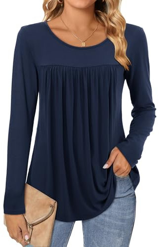 Florboom Shirts Damen Rundhals Langarm Plissee Tshirts Oberteile Tunika Top, Marineblau XL