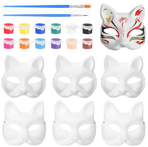 Batman maske für katzen, 6 Stück Katzenmasken, Therian Mask, Katzenmaske, Masken zum bemalen kinder, Maskenball, katzen maske,Weißes DIY Masken zum Anmalen