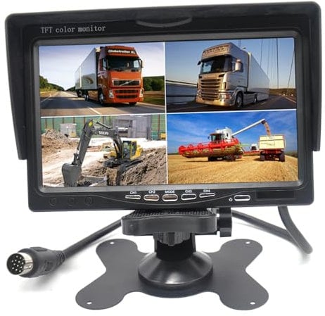 Pardarsey 7 TFT LCD Car Rearview Quad Split Monitor,Remote Control, 4 Channels RCA Video Inputs(4-PIN Shockproof Connector) - 12V-24V 800×480HD Screen w/Sunshade Anti-Glare
