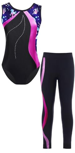 Runhomal Zweiteilige Turnanzug Mädchen Gymnastikanzug Metallisch Ballettbody Tanzbody + Tanzhose Leggings Strumpfhose Ballettkleidung D Dunkelblau 146-152