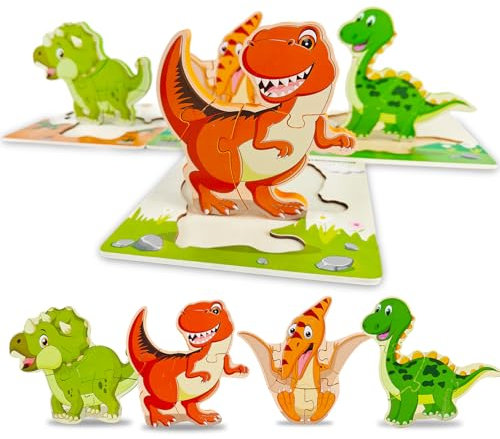 4 Pack 3D Wooden Jigsaw Puzzle for Kids, Wooden Puzzles Toys for 1-3 Year Old Boys Girls Birthday Gift for 1-3 Year Old Toddlers Kids Education Toy Age 1 2 3 Baby Children (Dinosaur)