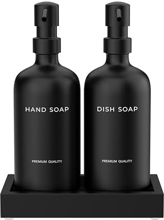 Black Soap Dispenser Set with Tray - Hand and Dish Soap Dispenser for Kitchen,Modern Kitchen Decor & Accessories. (Black)