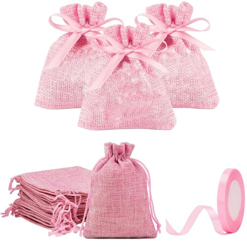 MEISO 30 sacchetti di iuta per coriandoli, sacchetti per bomboniere con nastro di raso per matrimonio, battesimo, comunione, nascita, festa di compleanno (Rosa)