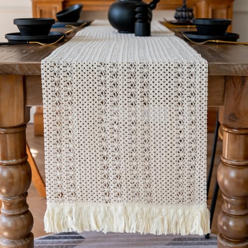 Fecialy Makramee Tischläufer Bauernhaus Boho Beige Tischläufer mit Quaste gewebt Baumwolle häkeln Spitze Tischläufer für böhmische Küche Esstisch, 30x180cm