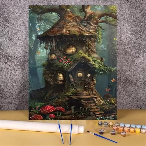 Aimaor Malen Nach Zahlen Erwachsene DIY Baumhaus-Dschungel mit Rahmen Handgemalt Ölgemälde Kit für Anfänger mit Pinseln und Acrylfarben Paint by Numbers Kit für Geschenk Heimdekoration - 45x60cm