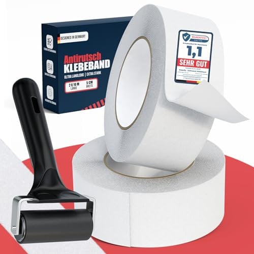 Antirutsch Klebeband Weiß, 2 Rollen 5 cm × 10 m - rutschfestes Grip-Band für Treppen & Stufen, innen & außen, wetterfest gegen Nässe, Frost & Herbstlaub Sicherheitsband für Kinder & Senioren