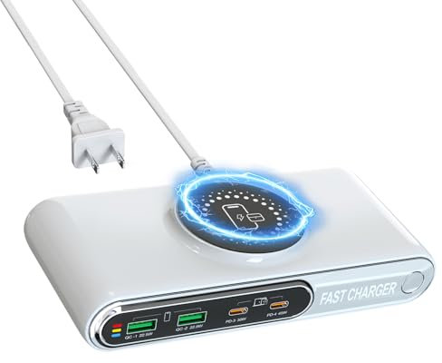 5-in-1 USB C Charger Station with LED Colour Nighting,72W 4-Ports Wireless Magnetic Charging Station-PD45W QC3.0 Fast Charger Block Compatible with Cell Phones,Tablet, Laptop and More Devices