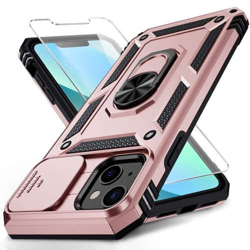 for iPhone 13 Mini Case with Camera Lens Cover, HD Screen Protector, 10 FT Military Grade Drop Protection, Magnetic Ring Holder Kickstand Protective Phone Case for iPhone 13 Mini,Rose Gold