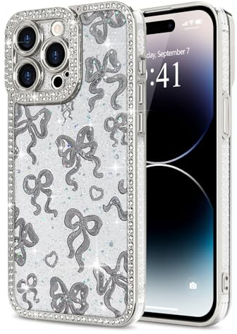 Urarssa for iPhone 14 Pro Max Case Glitter, Cute Bow Pattern, Silver | Luxury Bling Sparkly Diamonds Ribbon Bowknot Case for Women Girls, Camera Protection Stylish Soft TPU Shockproof Cover