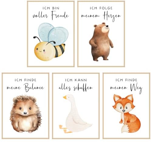 Affirmationsposter für Kinder 5er Set | Tier-Poster positive Glaubensansätze Kinderzimmer | Poster mit Affirmation als Geschenk zur Geburt, Taufe (Set Bär, Biene, Fuchs, Igel, Gans, DIN A3)