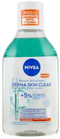 NIVEA Derma Skin Clear Mizellenwasser 400 ml, Gesichts- und Augen-Make-up-Entferner mit 5% PHA, Salicylsäure und Niacinamid, Gesichtsreiniger, Augen- und Lippenreiniger ohne Ausspülen für fettige und