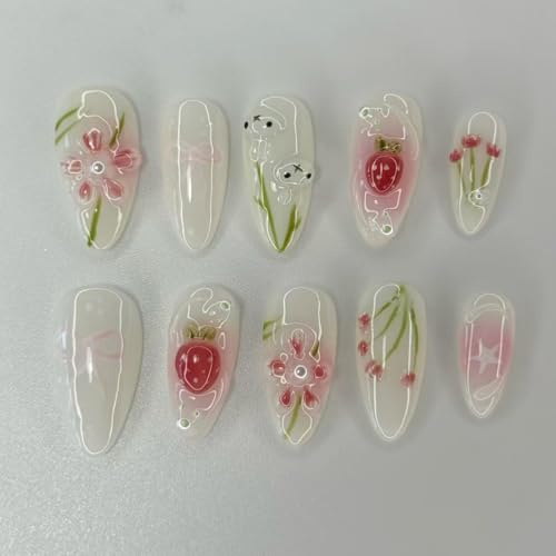 MouyouGlow 30 Pieces Press on Nails Kurz,Almond Osterhasen 3D Blumen Floral Hase Erdbeeren Design Sterne Y2K Fake NailsOstern Flowers Sweet Sommer INS Künstliche Fingernägel