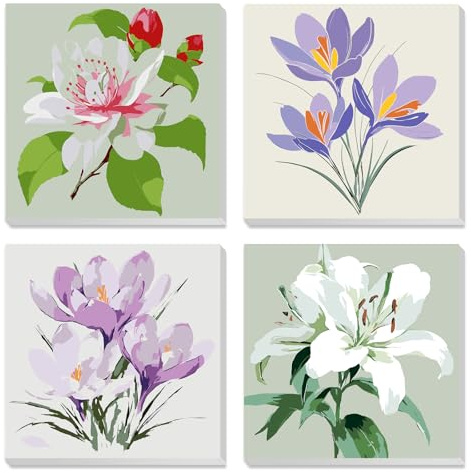 MXJSUA Lilien Magnolien Blumen 4er-Pack Malen-Nach-Zahlen-Set Mit Rahmen Für Kinderund Erwachsene, Malen-Nach-Zahlen für Anfänger, DIY Acryl-Ölfarben Für Heimwanddekoration Geschenk 20x20cm