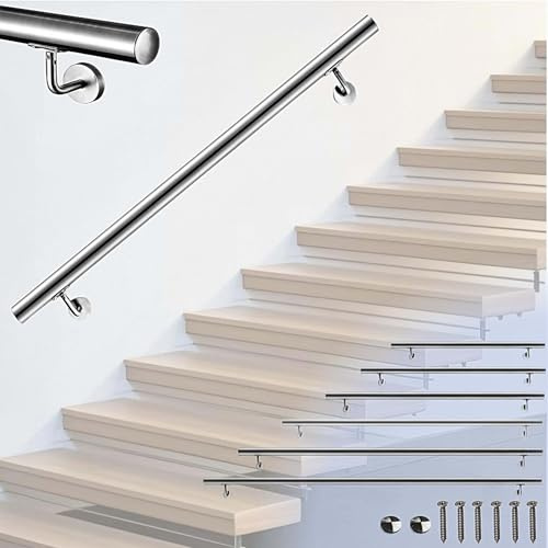 Main courante, inox 304, rampe d'escalier ronde 180cm, avec 2 supports muraux, Ø42.4mm, en kit complet, intérieur & extérieur