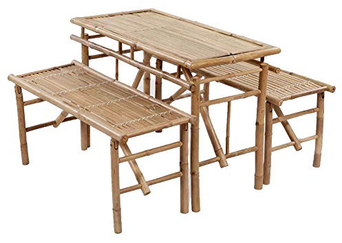 Biertisch mit 2 Bänken, Campingtisch mit Tropischer Atmosphäre, Tragbares Bambus-Gartenset für Partys und Mehr