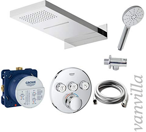 vanvilla Duschsystem mit Unterputz Duscharmatur von Grohe SmartControl Thermostat und vanvilla Regendusche mit Armatur mit Thermostat, Duschkopf 50x23 cm poliert mit Schwall, Dusch-SET G08 poliert