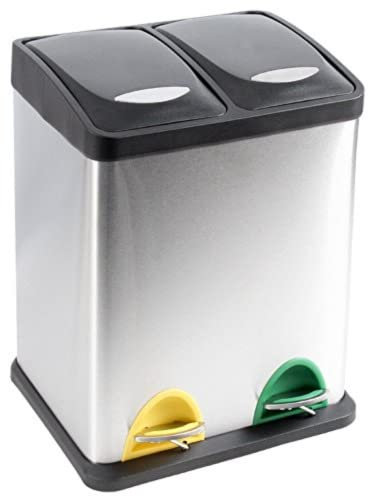 EVRE Indoor Kitchen and Waste Separation Recycling Bin Stainless Steel with Removable Buckets, Odour Seal and Colour Coded Pedals for Offices, Home and Classrooms (30L, 15L+15L)