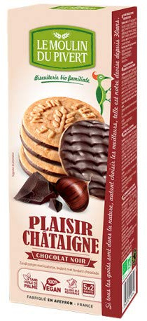 LE MOULIN DU PIVERT SABLES ALLE CASTAGNE RICOPERTI CON CIOCCOLATO FONDENTE BIO SENZA LIEVITO DI BIRRA CON OLIO DI GIRASOLE E SENZA OLIO DI PALMA 130 G