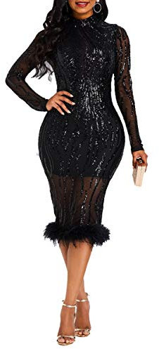 VERWIN Sequins Patchwork Bodycon Maxi Dress - Women's Long Sleeve Elegant Party Dress XL