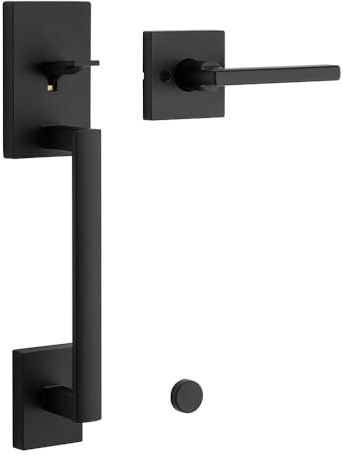 Kwikset San Clemente Front Door Handle No Lock, Entry Handleset Exterior with Interior Reversible Handed Lever, Non-Locking, Matte Black, Deadbolt Not Included, with Microban Protection