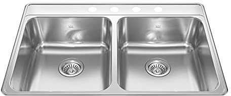 Kindred Creemore 33-in LR x 22-in FB x 8-in DP Drop In Double Bowl 4-Hole Stainless Steel Kitchen Sink, CDLA3322-8-4CBN