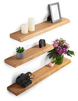 Rikmani Wandregal Holz Eiche massiv hell - Handgefertigtes Regal mit Baumkante Bücherregal Holzregal Wandboard Leo (hell) 110 cm