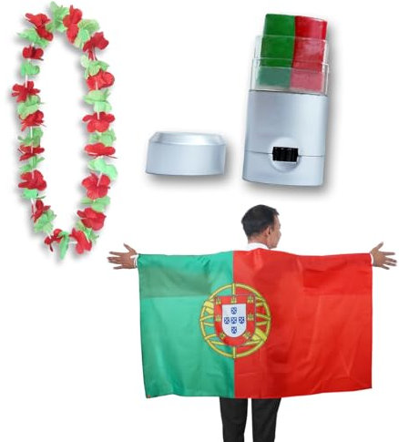Sonia Originelli Fanset Fanartikel Poncho Fahne Flagge zum Umhängen Schminkstift und Blumenkette Hawaiikette Farbe: Portugal