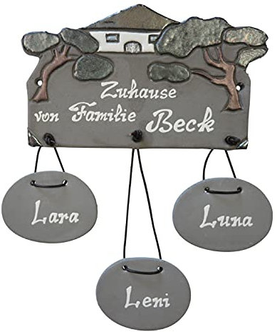 Haus mit 3 Hängeschildern-Keramikschild grau-silberglanz-Türschild-Klingelschild-Namensschild-240 x 250 mm-Schild-Relief von Hand gefertigt-Incl. Text-Mit, oder ohne Klingel (6987K mit Klingel)