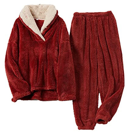 YIJOY Pigiama in Pile Corallo Donna Autunno E Inverno Pigiama in Flanella Pigiama Set Ispessimento Lounge Sleepwear Sets Sleepwear,Red,L