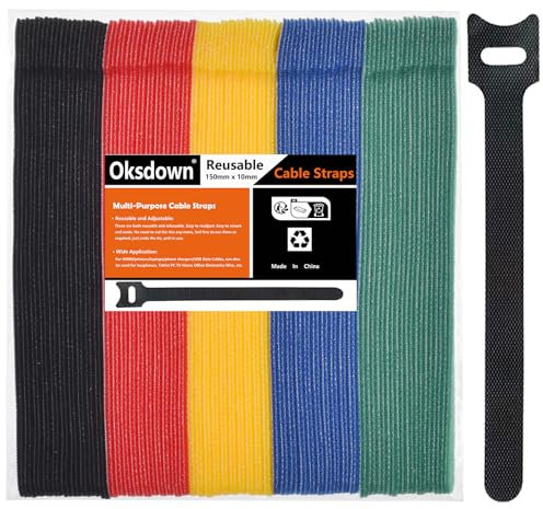 Oksdown 100 Pack 5 Color Reusable Cable Ties Multi Color Releasable Cable Straps Adjustable Hook and Loop Colorful Cable Wire Tidy for PC Cable Management