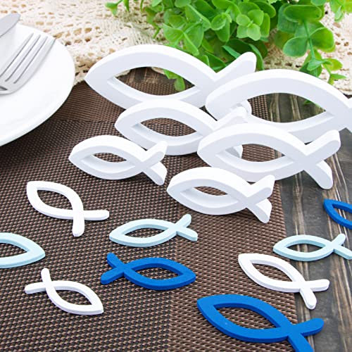 42 Pcs Holzfische Deko-6 große Fisch Taufe Deko + 36pcs Streudeko Tischdeko Taufe Taufedeko Junge Mädchen Deko Taufe Kommunion Konfirmation Deko (Weiß-Blau)