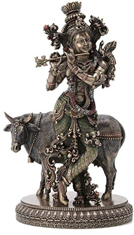 Sri Krishna Culture - Stehende Krishna Spielflöte neben Kuh, 26,7 cm, für Heimdekoration, Mehrfarbig
