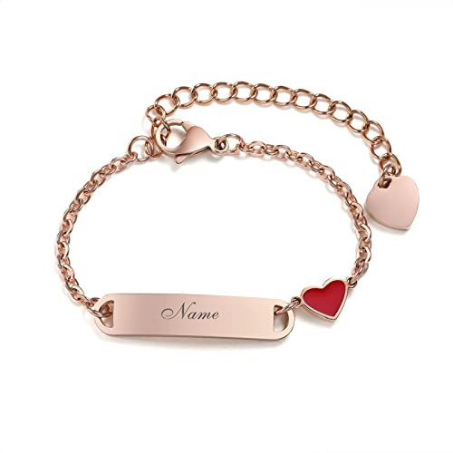Vnox Bracciale Bambini Bambino Incisione Ragazza Braccialetti Personalizzati Figlia Personalizza Nome Bracciale con Ciondolo Cuore per Ragazzo Ragazza Regali di Battesimo del Bambino,12cm Oro Rosa