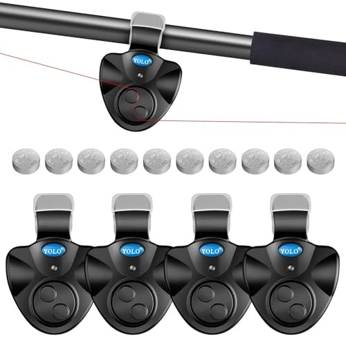 TSV 4 PCS Fishing Bite Alarm with 10 Spare Batteries - Electronic Fishing Alarms Bite Alarms for Fishing Poles with Sound Alarm Alert Bell Led Light - Fish Bite Alarm Indicator