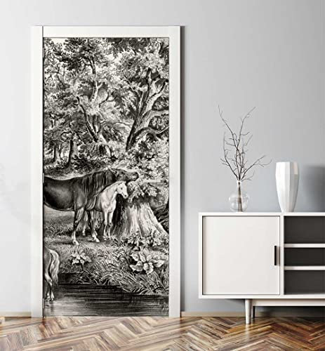 MyMaxxi - Tür bekleben mit Türtapete Türposter Türfolie Selbstklebend 90x200 Heidenpferde - Tür verschönern Türaufkleber Türklebefolie Landschaft Wind schwarz weiß