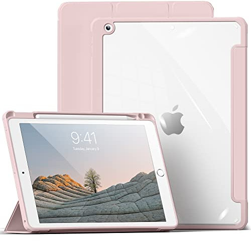 aoub Hülle für iPad 9. /8. / 7. Generation 2021 2020 2019, Smart Folio Hülle mit Stifthalter für iPad 9/8/7, Schutzhülle für i Pad 10,2 Zoll, Transparente Rückseite, Rosa