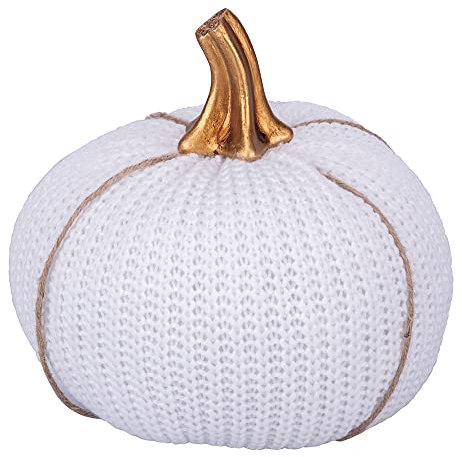 Villa d'Este Home Tivoli Dekorativer weißer Kürbis aus Stoff, Wollgarn-Optik, goldfarben, Ø18 x H 21 cm, Medium
