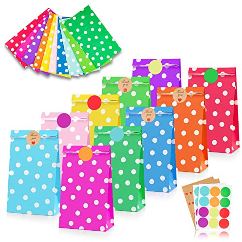 Leenou Papiertüten, 20 Stück Bunte Geschenktüten mit 48 Aufkleber Candy Tüten zum Verpacken Geschenken Geburtstag Kindergeburtstag Hochzeit Party Tüten Geschenktaschen Partyzubehör