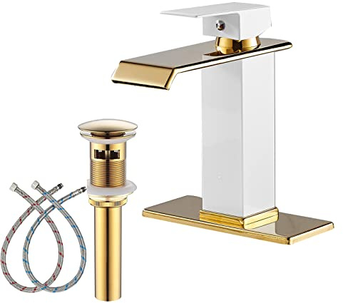 Badezimmer-Wasserhahn, Goldauslauf, Wasserfall, weißer Körper, Einzelloch, 1 Griff, Badezimmer-Waschtisch-Wasserhahn mit Deckplatte und Pop-Up-Ablaufstopfen, Überlauf, Messing, Waschbecken, Mischhahn,