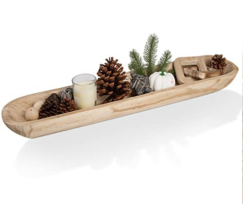 Athaliah Wooden Dough Bowl, 30 Inch Hand Carved Rustic Long Wood Dough Bowls for Decor, Vintage Large Wooden Bread Bowl for Table Centerpiece Dining Room Home Kitchen Decor Candles