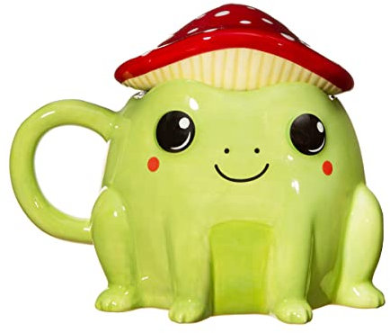 Sass & Belle Mug grenouille avec couvercle champignon – Jolie tasse en céramique de 300 ml avec couvercle champignon rouge et blanc, pour thé ou café, cadeau amusant en forme de champignon, animal