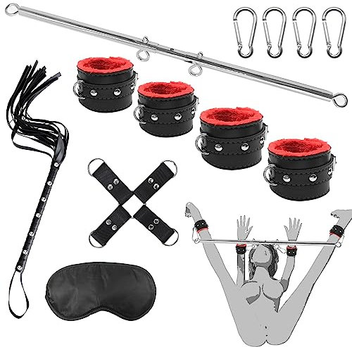 BDSMJOY Bondageset Fessel Set,Spreizstange Sexspielzeug Verstellbar,mit Handschellen Sex Bett & Fußfesseln & Augenmaske & Peitsche,BDSMs Spielzeug Hart,BDSMs Toys,Sexspielzeug für Paare Extrem Sex
