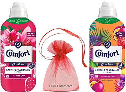 Comfort Creations Fabric Conditioner with Stay Fresh Technology Mixed Scent Bundle: Strawberry & Lily 30washes, 900ml + Passion Bloom 30washes, 900ml + Gift for You: Organza Small Bag Size: 9x7x0.1cm