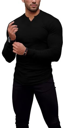 Agilelin Camiseta Manga Larga Hombre Basica,Camisetas V-Neck Transpirable,tee Ajustado Casual(Black/L)