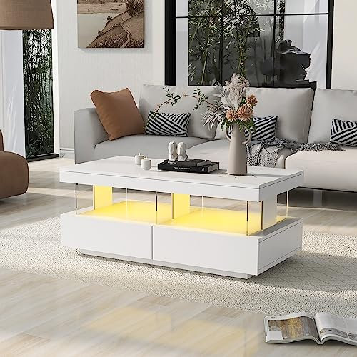 Merax Couchtisch Hochglanz mit LED, Moderner Wohnzimmertisch mit Stauraum Schubladen, Multifunktionaler Beistelltisch für Wohnzimmer, rechteckiger Mitteltisch, Sofatisch, Coffee Table, für Büro, Weiß