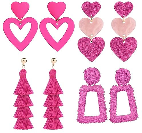 4 Pcs Pink Double Heart Earrings Bohemian Layered Tassel Earrings Rectangle Geometric Dangle Earrings Love Heart Drop Earrings For Women