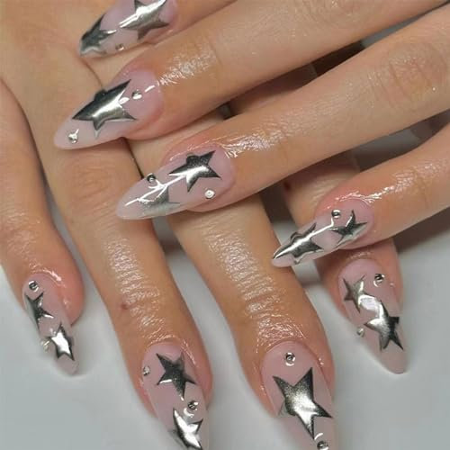 IOSPKKIO® Lot de 24 faux ongles courts en acrylique à coller - En forme d'amande - Y2K - Étoiles argentées - Avec design - Colle stiletto - Réutilisables - Avec faux ongles