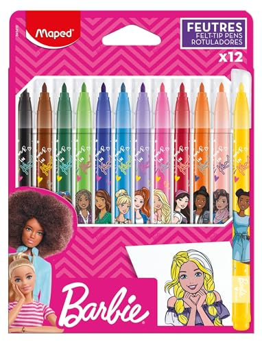 Maped - Filzstifte BARBIE x12 - leuchtende Farben - fest eingefasste, weiche Spitze: Ø 2,8 mm - Schreiblänge > 220 m