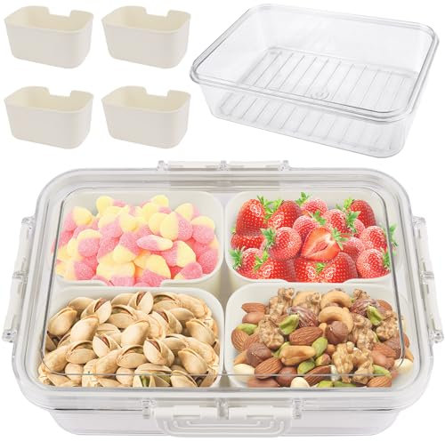 RNHDLY Bol à collation avec couvercle, assiette à collation avec compartiments, boîte à goûter en plastique, boîte à goûter avec compartiments et couvercle pour bonbons, légumes, biscuits, noix,